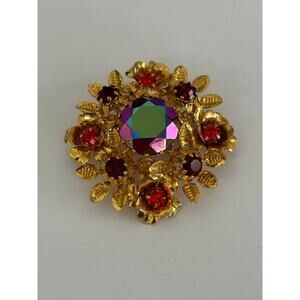 Vintage Gold Tone Brooch Red Rhinestones Austria